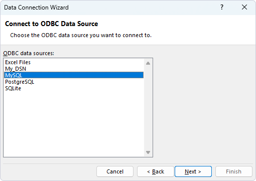 Choose the ODBC data source in the Data Connection Wizard