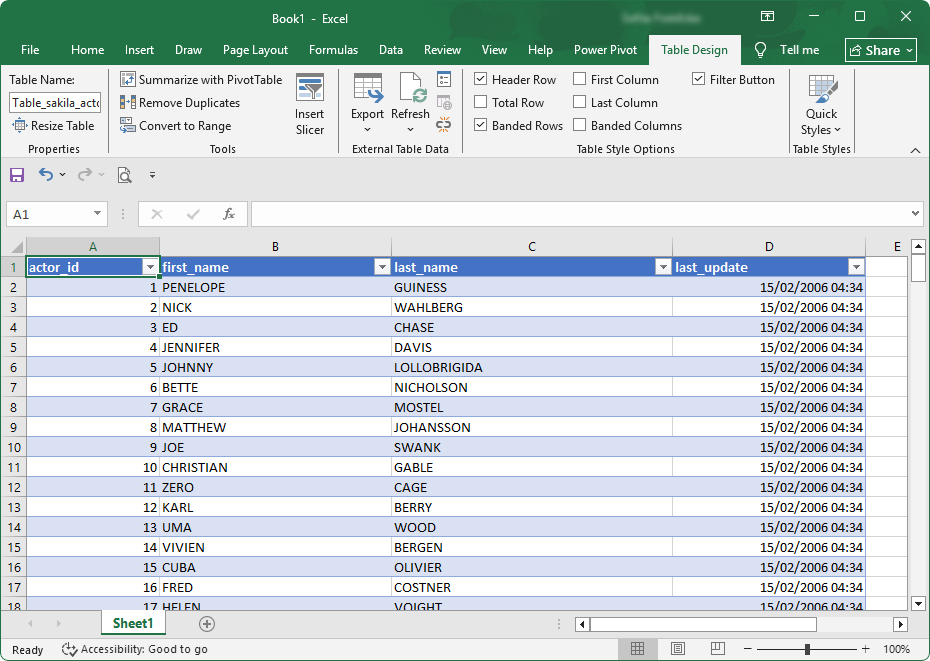 Retrieved table data in Excel