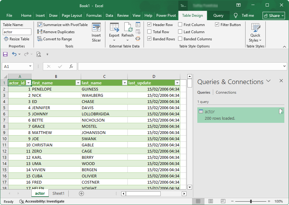 Retrieved table data in Excel