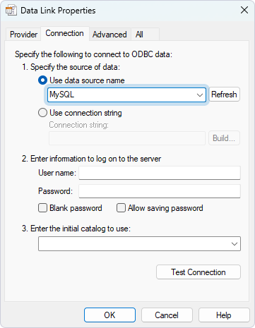 Specify the data source name in Data link Properties
