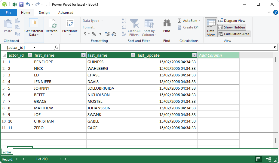 Power Pivot for Excel table data