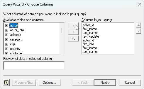 Select tables and/or columns for import