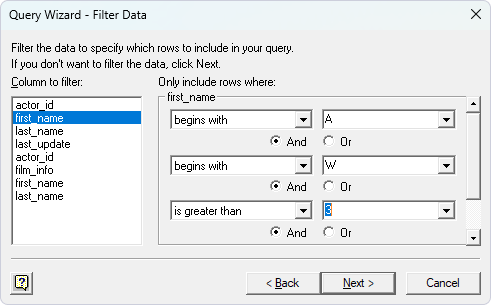 Filter data in the Query Wizard