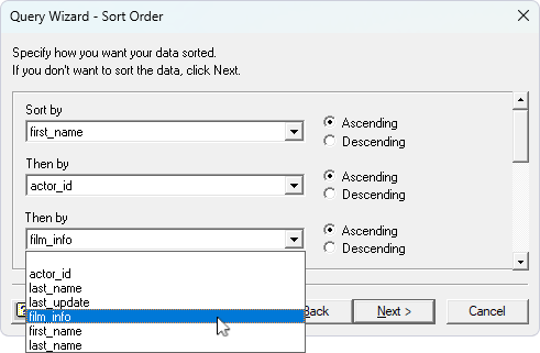 Filter and sort data wizards