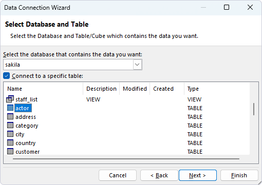 Select Database and Table page of the Data Connection Wizard