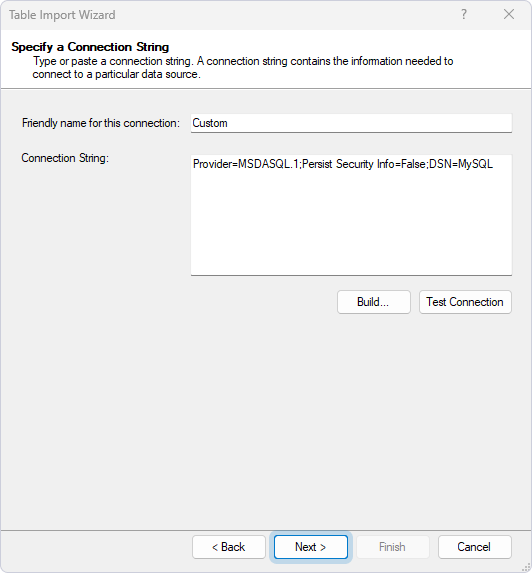 Specify the Connection string and click Next