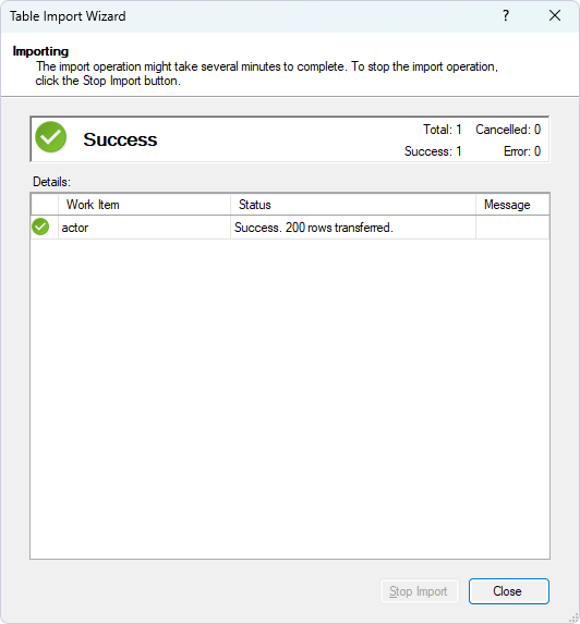 Table Import Wizard Success message