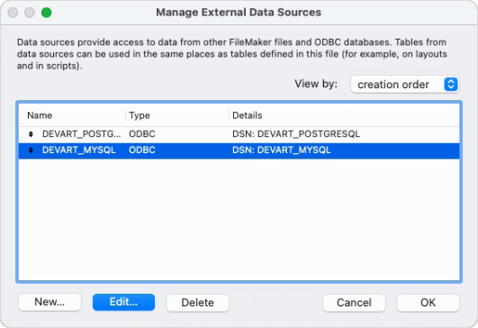 The Manage External Data Sources dialog with an added data source