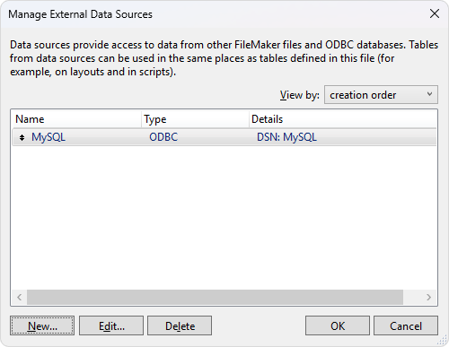 The Manage External Data Sources dialog with an added data source