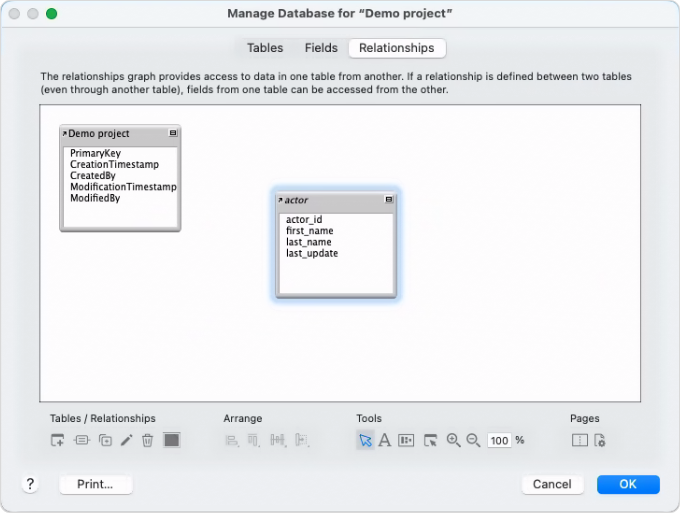 The Manage Database dialog with an added table