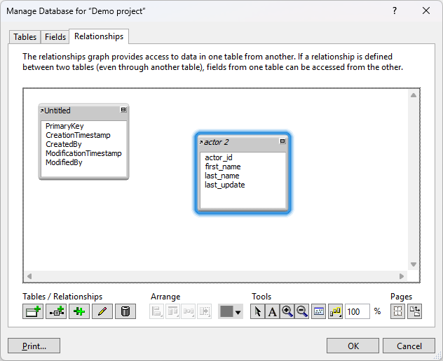 The Manage Database dialog with an added table
