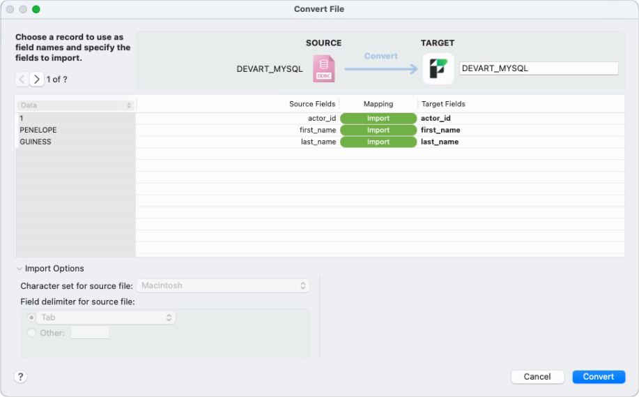 The Convert File dialog with mapped fields and the Import Summary