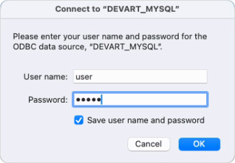 The Connect dialog asking for DSN credentials