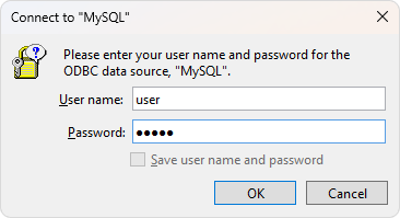 The Connect dialog asking for DSN credentials