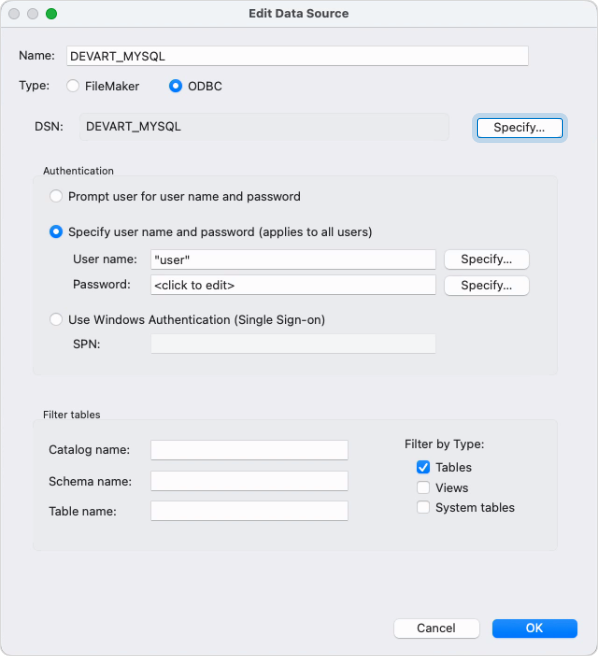 The Edit Data Source dialog with specified data source details