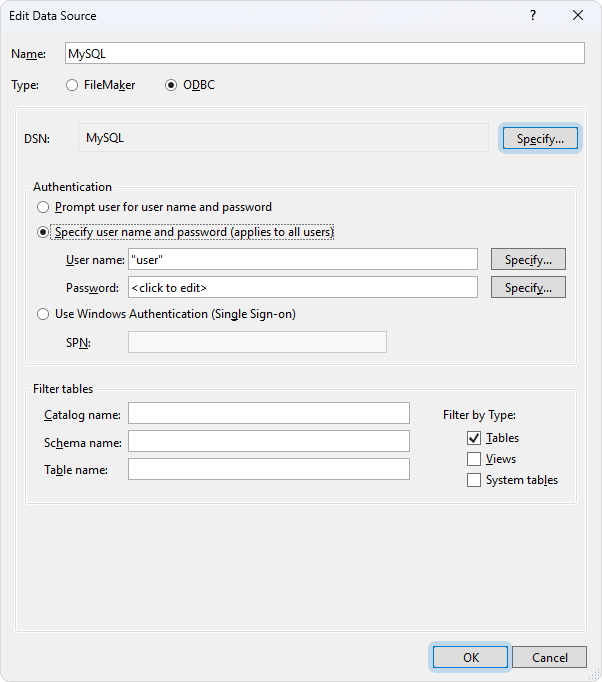 The Edit Data Source dialog with specified data source details