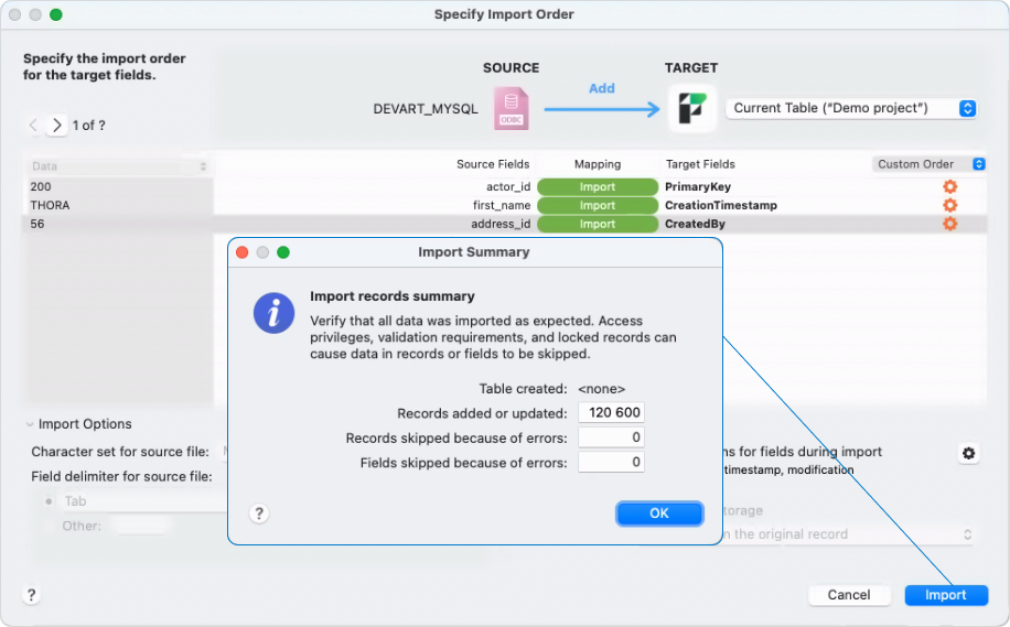 The Specify Import Order dialog with mapped fields and the Import Summary