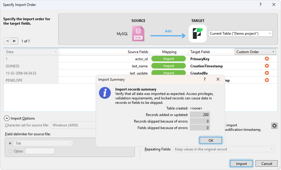 The Specify Import Order dialog with mapped fields and the Import Summary