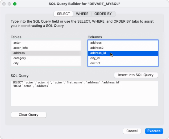 The SQL Query Builder dialog with selected columns and generated SQL query
