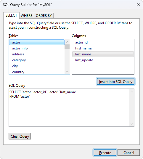 The SQL Query Builder dialog with selected columns and generated SQL query