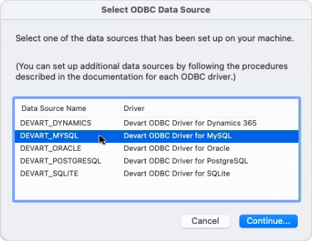 The Select ODBC Data Source dialog