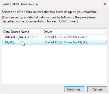 The Select ODBC Data Source dialog