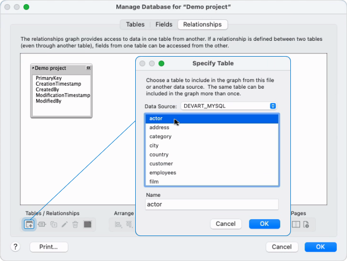 The Manage Database and Specify Table dialogs