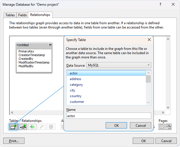 The Manage Database and Specify Table dialogs