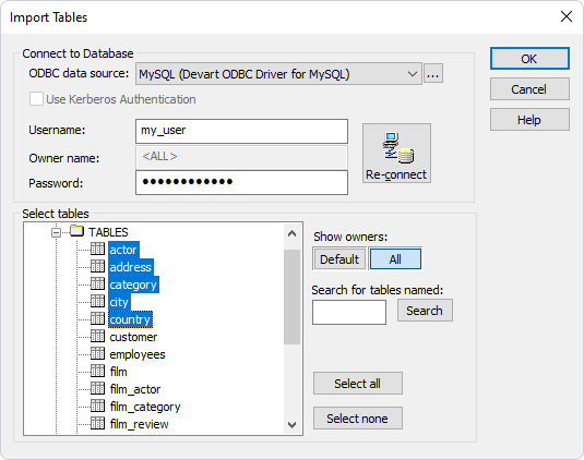 The Import Tables dialog with selected tables