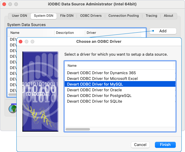 The Choose an ODBC Driver dialog opened in iODBC Administrator.