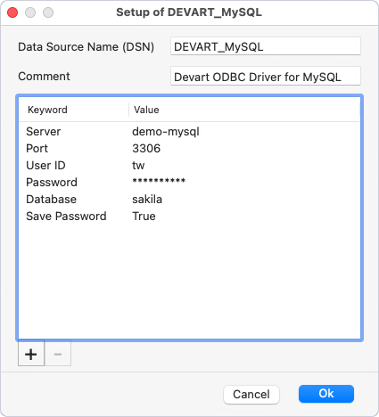 The ODBC driver Setup dialog.