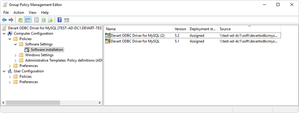 Group Policy Management Editor showing Computer Configuration with Software installation selected and two driver packages in the right pane.