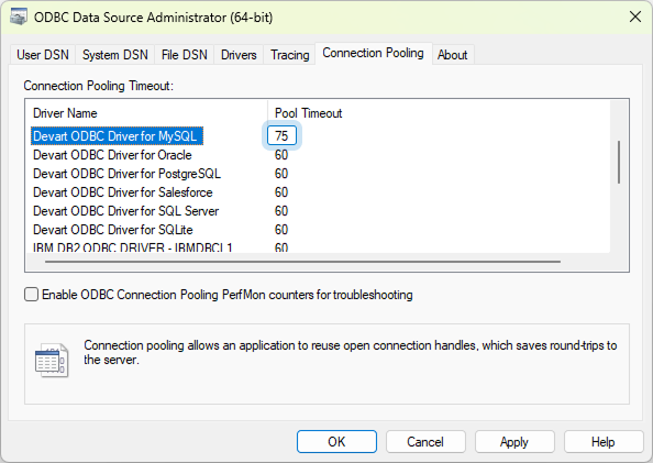 ODBC Data Source Administrator showing the changed Pool Timeout value