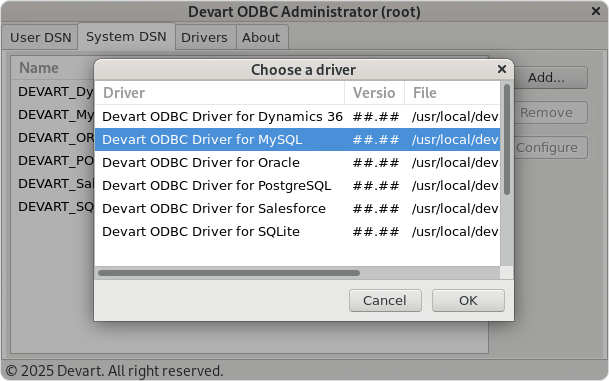 Create a DSN on Linux: choose a driver