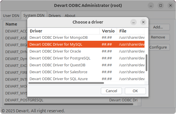 Create a DSN on Linux: choose a driver