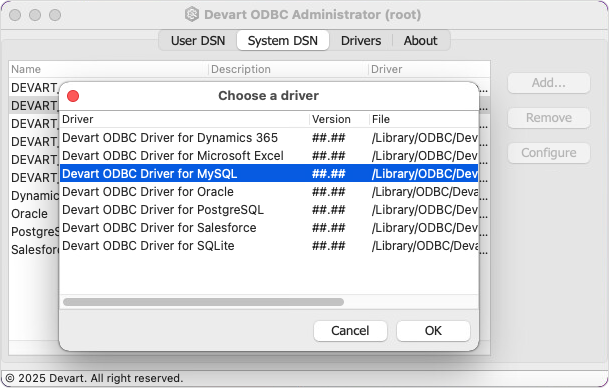 Create a DSN on macOS: choose a driver