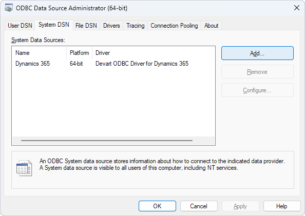 Open the ODBC Data Source Administrator