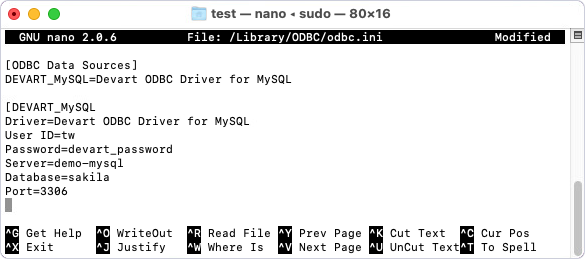 The odbc.ini file opened in a text editor with entered DSN configuration details.