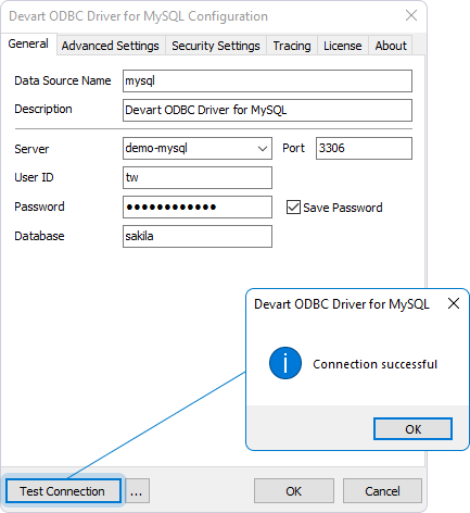 Devart ODBC Driver successful connection