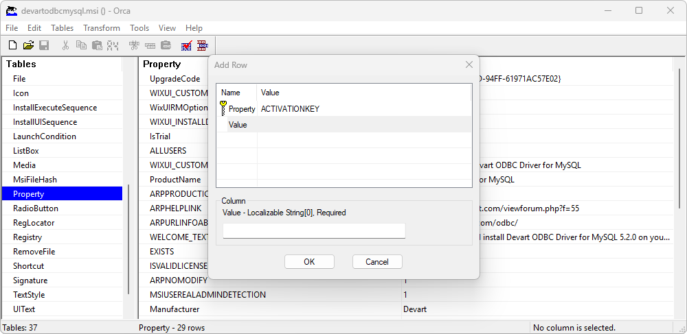 Add property to an MST file using Orca
