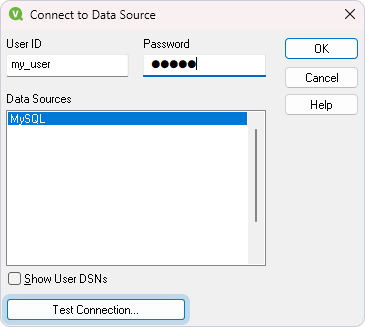 The Connect to Data Source dialog with a selected DSN and entered credentials