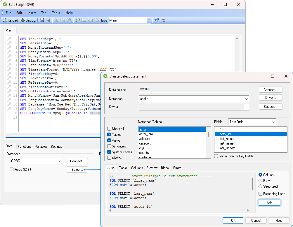 The Create Select Statement dialog with selected tables and fields