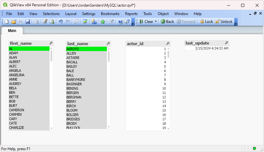 A sheet with fields from the data source displayed as list boxes