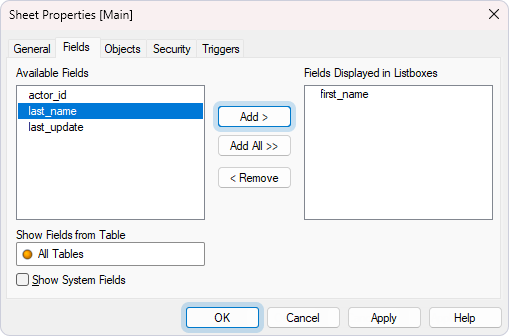 The Sheet Properties dialog with selected fields to be displayed as list boxes