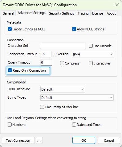Advanced Settings tab in the Devart ODBC Driver Configuration dialog