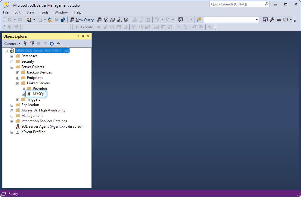 The added linked server in the Object Explorer pane