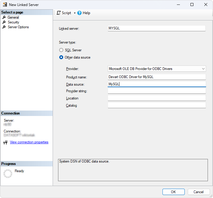 The New Linked Server dialog with fields filled in
