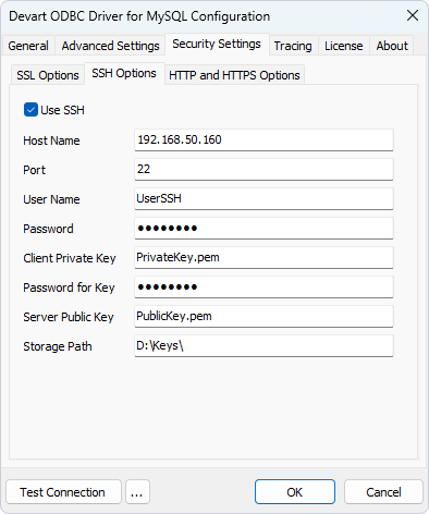 The SSH Options tab under Security Settings in the ODBC Data Source Administrator with the filled out fields