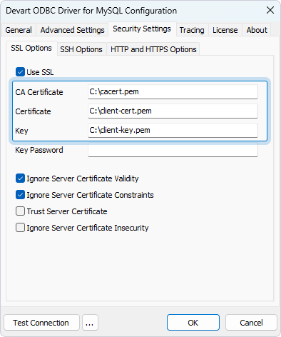 The Security Settings tab in the ODBC Data Source Administrator with the filled CA Certificate, Certificate, and Key fields