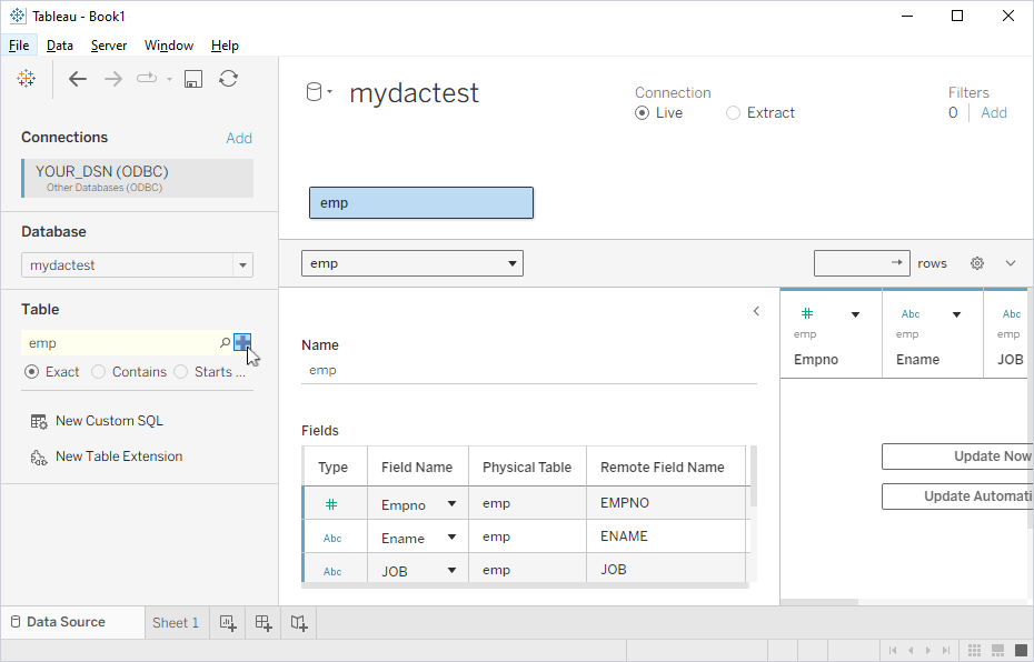 The Data Source page with the displayed table